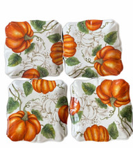 Maxcera 4 Pumpkin Fall Leaves 4 Dinner Plates Ceramic Square Scalloped - £63.68 GBP