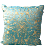 Pier 1 Embroidered Pillow Teal Blue 18 x 18 Varigated Taupe Design - £38.19 GBP