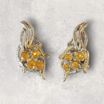 Vintage Clip on Earrings Stud Yellow Rhinestone Fan Feather Gold Tone - $8.59