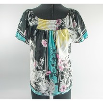 My Michelle Black Pink Turqupoise Satin Floral Flutter Sleeve Blouse Lg - £9.75 GBP