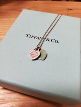 Tiffany &amp; Co. Return to Mini Double Heart Necklace Enamel Blue Pendant S... - $145.22