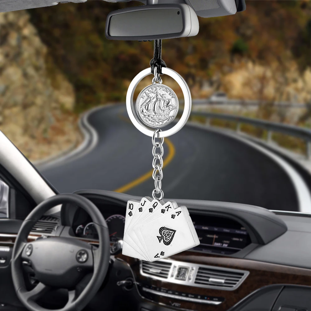 Car Pendant Cool Poker With Coin Casino Lucky Ornaments Charms Rearview Mirror - £11.35 GBP
