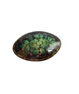 Vintage Hand painted Signed Russian Green Floral Lacquer Oval Pin Brooch - $37.99