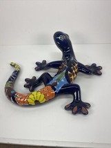 Mexican Pottery Gecko Colorful Blue Hand Painted Patio Wall Art Lizard - £21.60 GBP