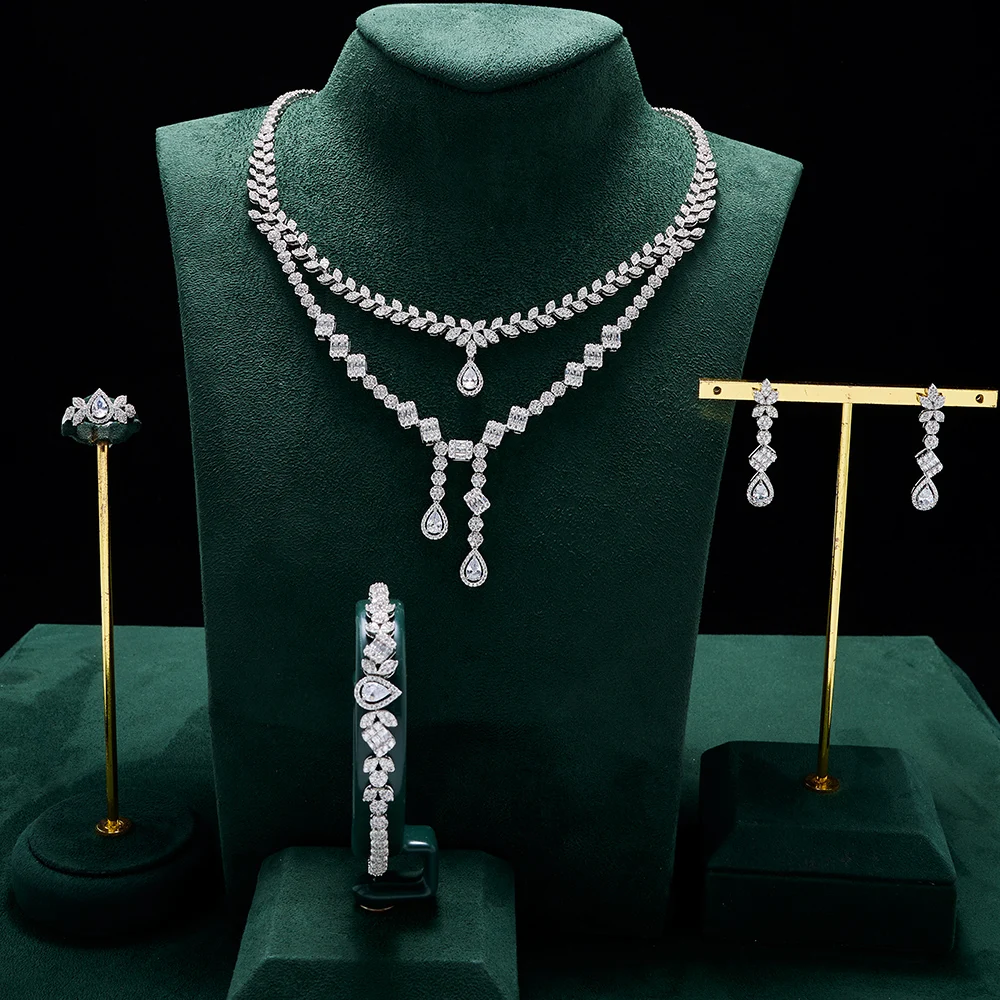 Luxury Double Layer Jewelry Sets for Women CZ Cubic Zirconia Necklace Set Prom J - £110.61 GBP