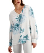 Alfani Floral Top Blouse Medium Long Sleeve V-Neck Work Pintuck Shoulder - $419.43 MXN