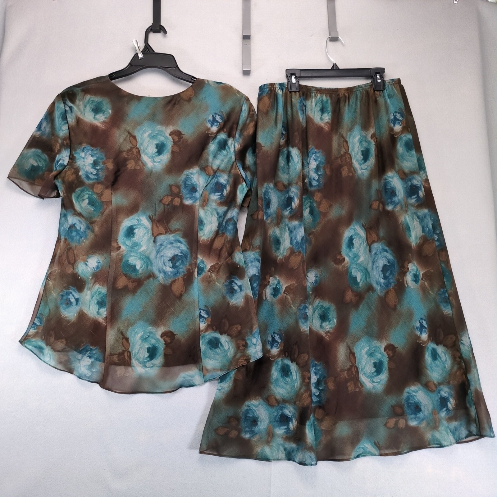 Vtg R&M Richards Sheer Floral Overlay 2pc Blouse & Maxi Skirt Set Blue Brown USA Item image 2