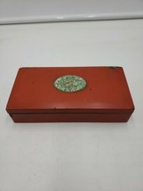 Antique Japanese Nippon Red Enameled Brass Divided Box With Jade Rosette... - $98.99