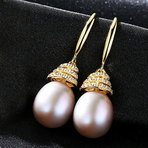 Waterdrop Natural Pearl Dangle Drop Hook Earrings/ Bridal Jewelry 18K Yellow GP - £75.58 GBP
