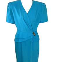 Blue Pleat Secretary Shift Dress Women Sz 6 Shoulder Pads Made USA Vintage 80s - £37.23 GBP