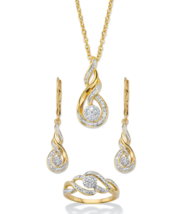 Diamond Accent Journey Cluster Ring Earrings Necklace Gp Set 14K Gold - £236.06 GBP