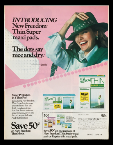 Primary image for 1984 Freedom Thin Super Maxi Unscented Pads Coupon Advertisement
