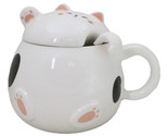 Whimsical White Chubby Feline Kitty Cat Cup Mug With Lid And Stirring Spoon - £14.93 GBP