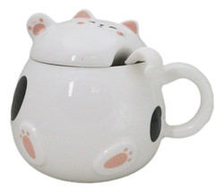 Whimsical White Chubby Feline Kitty Cat Cup Mug With Lid And Stirring Spoon - £14.85 GBP