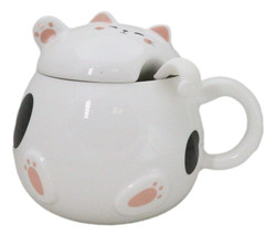 Whimsical White Chubby Feline Kitty Cat Cup Mug With Lid And Stirring Spoon - £14.93 GBP