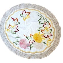 Vintage 26 Inch Round Linen Doily Table Embroidered Flowers Leaves Fall Autumn - £18.64 GBP