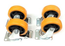 (4) Heavy Duty 4&quot; Polyurethane Swivel Plate Wheels Two With Locking Brake - £68.10 GBP