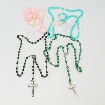 Catholic Rosary 2 vintage and 2 plasic kids Rosary Black Green Pink Aqua - $22.53