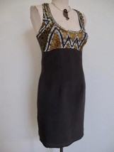 Aidan Mattox Sheath Dress 2 Brown Silk Gold Beading Sequins Racer T Back Artsy - £31.06 GBP