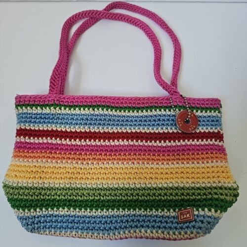 Vintage The Sak Rainbow Striped Crochet Shoulder Bag Purse Multicolor Pr... - $19.75