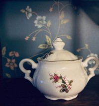 Vintage MCM Children&#39;s China Sugar Bowl With Lid Porcelain Moss Rose Pat... - £8.37 GBP