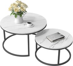 Round Nesting Coffee Table, Set Of 2, Modern, Black Metal Frame, White, Qssllc. - £158.26 GBP