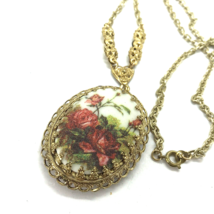 Vtg Necklace Western Germany Sugared Cameo Red Rose Pendant Floral Cottagecore - £31.06 GBP