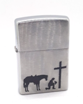 Kneeling Praying Cowboy With Horse At Cross Zippo Lighter Brushed Chrome - $29.99