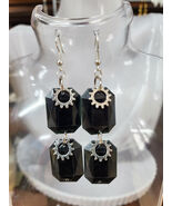 silver gear charms black drop earrings handmade jewelry  - $7.99