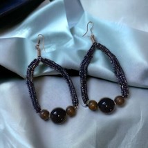 Beaded Hoop Earrings Large Dangle Bohemian Seed Bead Metallic Lightweight Witchy - £12.63 GBP