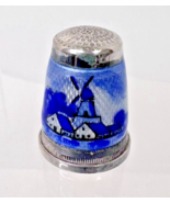 Stunning German Sterling Enamel Thimble Blue White Dutch Windmill Scene ... - $74.25