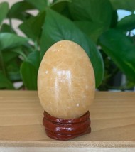DEEP Yellow Calcite Crystal Egg With Stand Carved Chakra Stone Grids Healing 2&quot; - £9.29 GBP