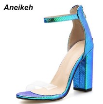 Aneikeh 2021 Sweet PVC Transparent Summer Sandals Women Zipper Cover Heel Square - £37.04 GBP