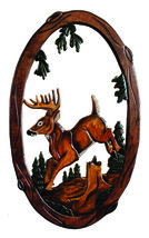 Jumping Deer Hand Crafted Intarsia Wood Art Wall Mirror 26 X 41 X 2 Inches - £236.97 GBP