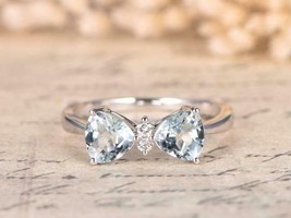 1.32 Ct Aquamarine &amp; Diamond Double Bow Love Engagement Ring 14K White Gold Over - £77.26 GBP