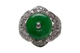 Round Grade A Jade and Diamond 18K White Gold Ring Size 6.25 - £1,409.27 GBP