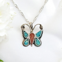 VTG Navajo Sterling Silver 925 Turquoise Coral Butterfly Pendant Necklac... - £25.21 GBP