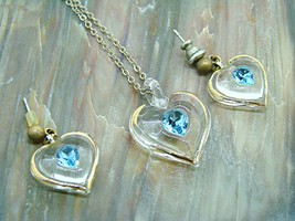 Swarovski Crystal Blue Topaz Glass Heart Pendant Necklace Earring Set Gold Trim - £22.71 GBP
