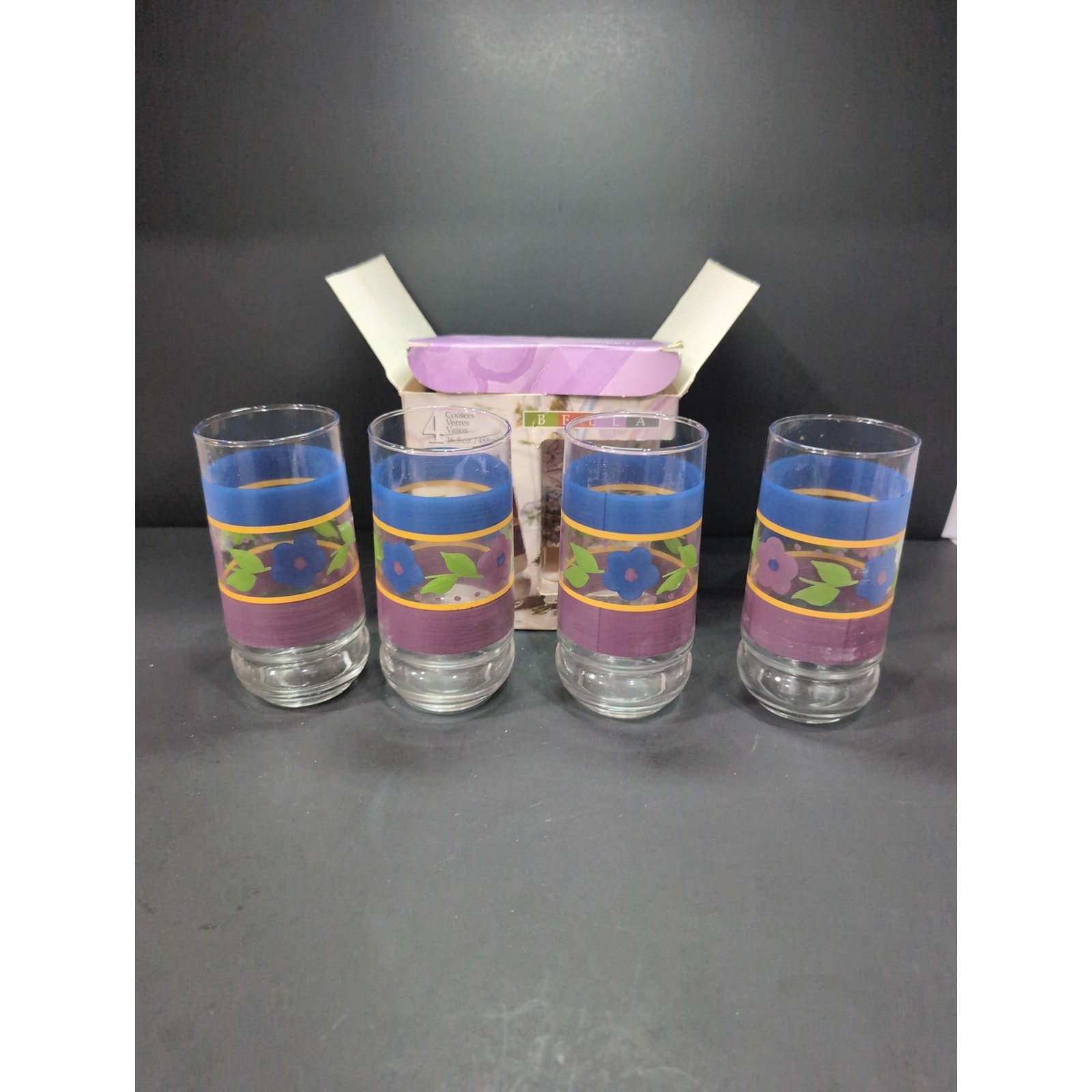 Libbey Bella Tall Glasses, 16.5 oz Multi Color Stripe Coolers Set of 4 D... - $15.84