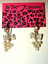 Betsey Johnson Gold Alloy Pearl and Crystal Bow Wire Dangle Earrings - £5.49 GBP