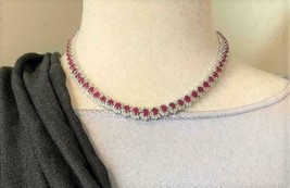28Ct  Simulated Pink Ruby Gold Plated 925 Silver halo Tennis Necklace  - $356.39