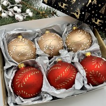 Set of red and beige Christmas glass balls, hand painted ornaments with ... - £56.77 GBP