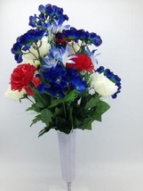 Cemetery Silk Flower  Rose Carnation USA Red -White -Blue Bouquet Vase - £47.65 GBP
