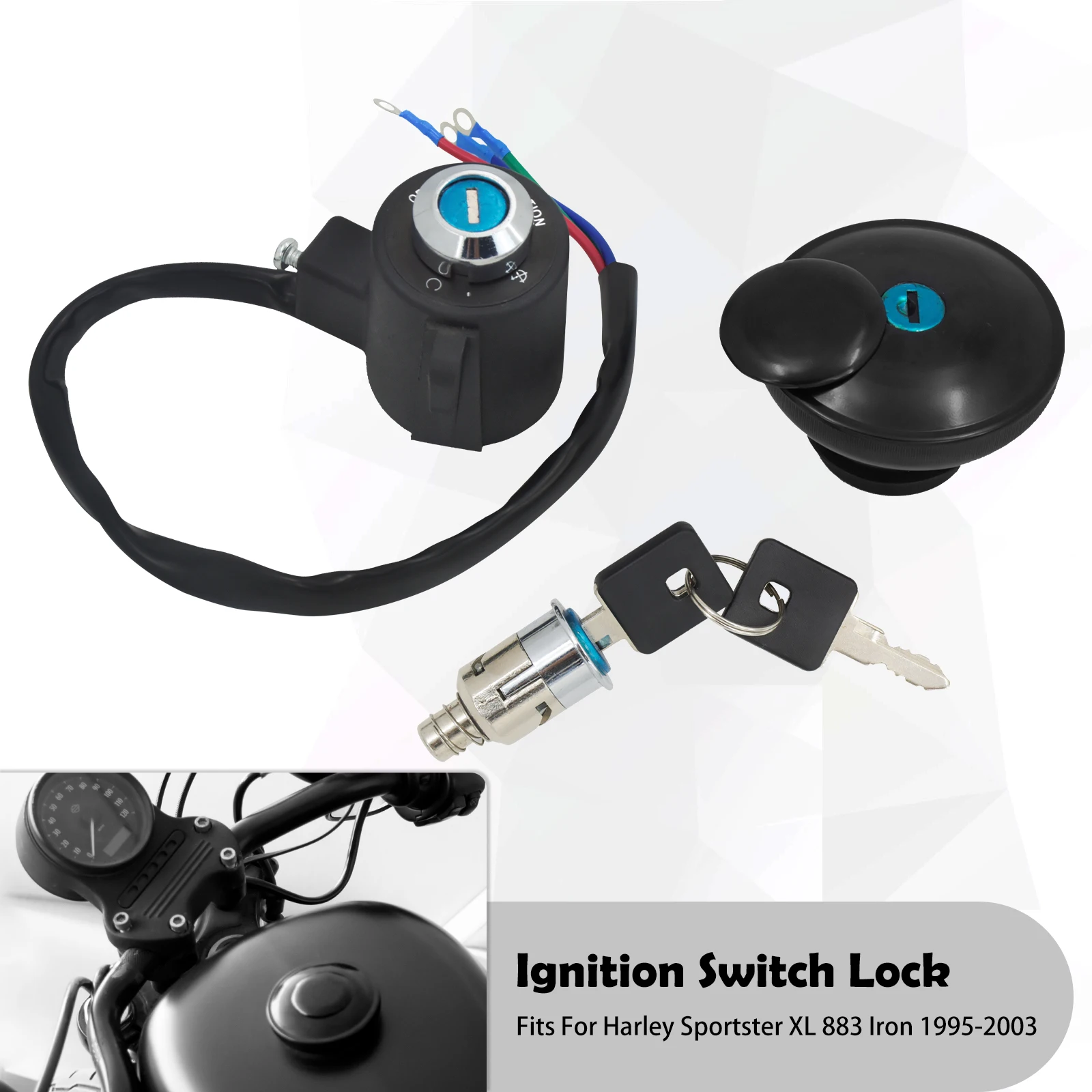 Motorcycle 3 Wire Front Ignition Switch Lock Fuel Gas Cap Cover Set  Harley ter  - £269.39 GBP