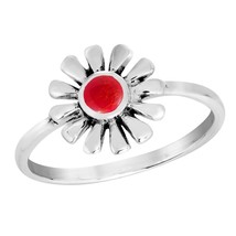 Precious Sunflower Red Coral Blossom Sterling Silver Band Ring-7 - £11.82 GBP