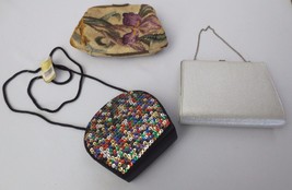 3 Vtg evening handbags - Magid sequin, metallic silver &amp; tapestry clutch - £29.87 GBP