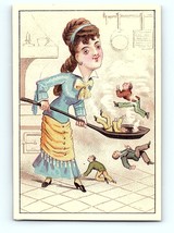 Victorian Trade Card 1880&#39;s Big Head Lady Serving Tiny Men In A Cooking ... - £62.43 GBP