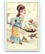Victorian Trade Card 1880&#39;s Big Head Lady Serving Tiny Men In A Cooking ... - £61.79 GBP