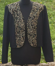 Vintage Black &amp; Gold Long Sleeve Floral Bolero Jacket for Women Shrug Large - £19.66 GBP