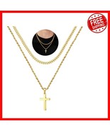 Men&#39;s Layered Cross Necklace in Gold, Black &amp; Silver - Tarnish-Free Eleg... - $587.19 MXN